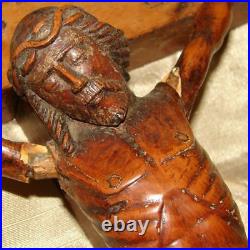 Antique Carved Wood Religious Sculpture, Medieval Style Christ Corpus, 17 Cross