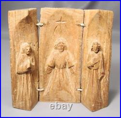 Antique Carved Wood Religious Triptych Christ Shrine, Rustic, 4.5 H/FREE SHIP