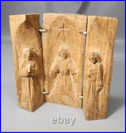 Antique Carved Wood Religious Triptych Christ Shrine, Rustic, 4.5 H/FREE SHIP