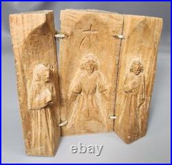 Antique Carved Wood Religious Triptych Christ Shrine, Rustic, 4.5 H/FREE SHIP