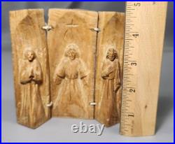 Antique Carved Wood Religious Triptych Christ Shrine, Rustic, 4.5 H/FREE SHIP