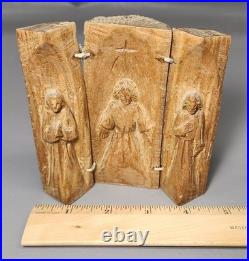 Antique Carved Wood Religious Triptych Christ Shrine, Rustic, 4.5 H/FREE SHIP