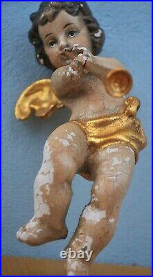 Antique Carved Wooden Angel Putto Winged Cherub Religious Musician