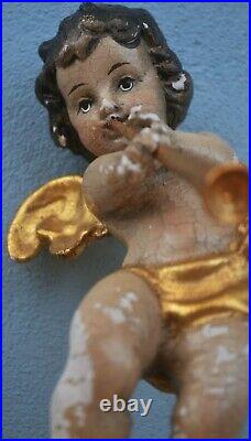 Antique Carved Wooden Angel Putto Winged Cherub Religious Musician