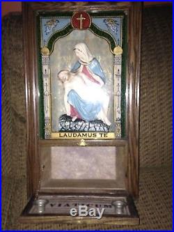 Antique Catholic Altar Religious Shadow Box Mother Mary Jesus LAUDAMUS Candle