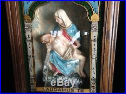 Antique Catholic Altar Religious Shadow Box Mother Mary Jesus LAUDAMUS Candle