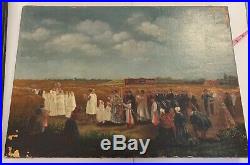 Antique Catholic Clergy Priest Precession Oil On Canvas Painting 26 x 18 Flake