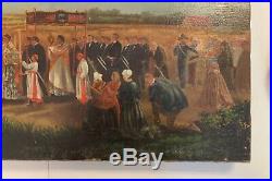 Antique Catholic Clergy Priest Precession Oil On Canvas Painting 26 x 18 Flake