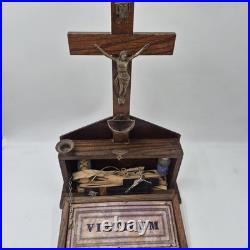 Antique Catholic Last Rites Sick Call Wood Box Crucifix Last Supper Religious