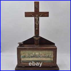 Antique Catholic Last Rites Sick Call Wood Box Crucifix Last Supper Religious