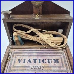 Antique Catholic Last Rites Sick Call Wood Box Crucifix Last Supper Religious