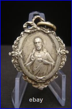 Antique Catholic Medal Sacred Heart Jesus Virgin Mary Crowned Rare Pendant