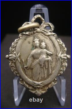 Antique Catholic Medal Sacred Heart Jesus Virgin Mary Crowned Rare Pendant