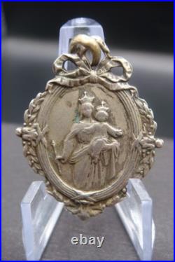 Antique Catholic Medal Sacred Heart Jesus Virgin Mary Crowned Rare Pendant