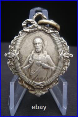 Antique Catholic Medal Sacred Heart Jesus Virgin Mary Crowned Rare Pendant