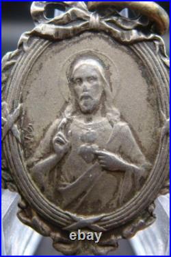 Antique Catholic Medal Sacred Heart Jesus Virgin Mary Crowned Rare Pendant