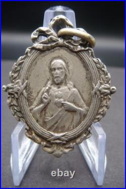 Antique Catholic Medal Sacred Heart Jesus Virgin Mary Crowned Rare Pendant