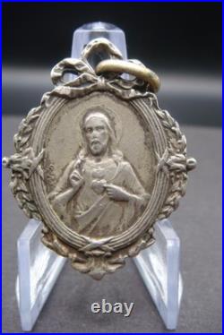 Antique Catholic Medal Sacred Heart Jesus Virgin Mary Crowned Rare Pendant