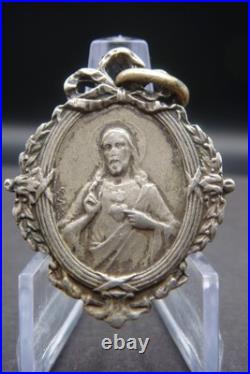Antique Catholic Medal Sacred Heart Jesus Virgin Mary Crowned Rare Pendant