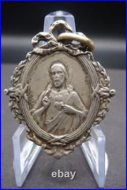 Antique Catholic Medal Sacred Heart Jesus Virgin Mary Crowned Rare Pendant