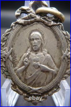 Antique Catholic Medal Sacred Heart Jesus Virgin Mary Crowned Rare Pendant
