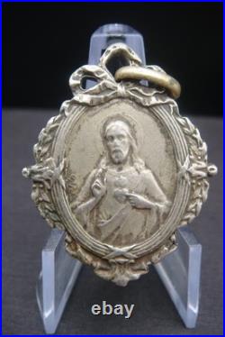 Antique Catholic Medal Sacred Heart Jesus Virgin Mary Crowned Rare Pendant