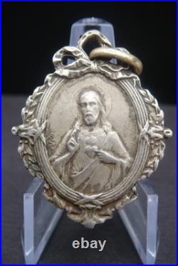 Antique Catholic Medal Sacred Heart Jesus Virgin Mary Crowned Rare Pendant