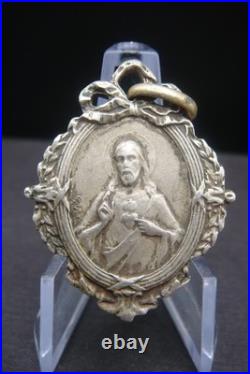 Antique Catholic Medal Sacred Heart Jesus Virgin Mary Crowned Rare Pendant