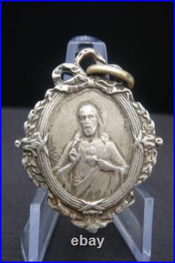 Antique Catholic Medal Sacred Heart Jesus Virgin Mary Crowned Rare Pendant