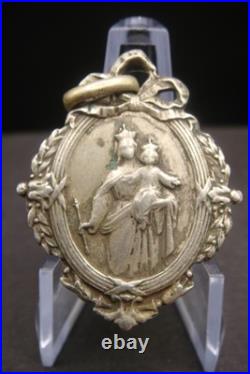 Antique Catholic Medal Sacred Heart Jesus Virgin Mary Crowned Rare Pendant