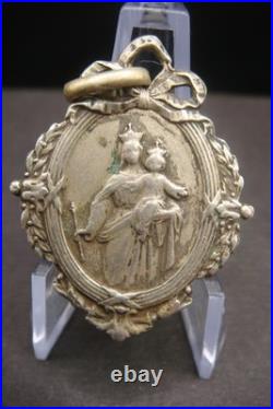 Antique Catholic Medal Sacred Heart Jesus Virgin Mary Crowned Rare Pendant