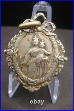 Antique Catholic Medal Sacred Heart Jesus Virgin Mary Crowned Rare Pendant