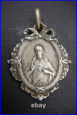 Antique Catholic Medal Sacred Heart Jesus Virgin Mary Crowned Rare Pendant