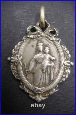 Antique Catholic Medal Sacred Heart Jesus Virgin Mary Crowned Rare Pendant