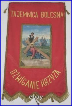 Antique Catholic Printed Religious Jesus Carrying Cross Rosary Tapestry 40x25in