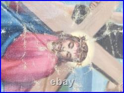 Antique Catholic Printed Religious Jesus Carrying Cross Rosary Tapestry 40x25in