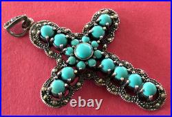 Antique Catholic Religious Holy Medal STERLING CROSS / MARCASITE / TURQUOISE