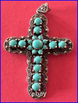 Antique Catholic Religious Holy Medal STERLING CROSS / MARCASITE / TURQUOISE