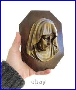 Antique Catholic Religious Mary Mother Wall Church Jesus God Holy Wood Brass