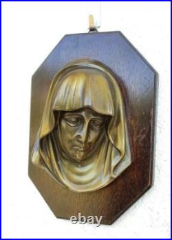 Antique Catholic Religious Mary Mother Wall Church Jesus God Holy Wood Brass