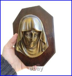 Antique Catholic Religious Mary Mother Wall Church Jesus God Holy Wood Brass