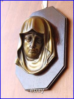 Antique Catholic Religious Mary Mother Wall Church Jesus God Holy Wood Brass