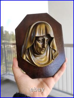 Antique Catholic Religious Mary Mother Wall Church Jesus God Holy Wood Brass
