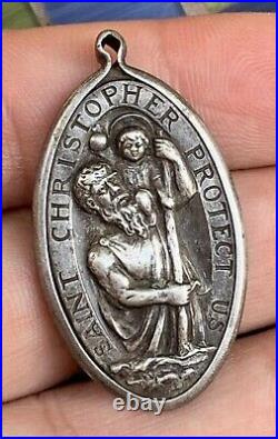 Antique Catholic Religious Medal Large Oval ST. Christopher & ST. Raphael 1.5