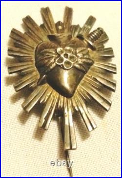 Antique Catholic Sacred Heart Of Jesus Sterling Silver Brooch Pin 2 Rare