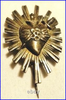 Antique Catholic Sacred Heart Of Jesus Sterling Silver Brooch Pin 2 Rare