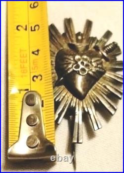 Antique Catholic Sacred Heart Of Jesus Sterling Silver Brooch Pin 2 Rare