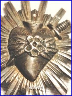 Antique Catholic Sacred Heart Of Jesus Sterling Silver Brooch Pin 2 Rare
