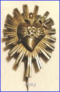 Antique Catholic Sacred Heart Of Jesus Sterling Silver Brooch Pin 2 Rare