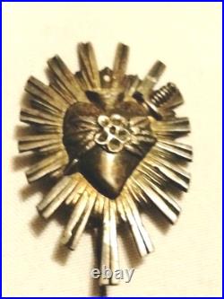 Antique Catholic Sacred Heart Of Jesus Sterling Silver Brooch Pin 2 Rare